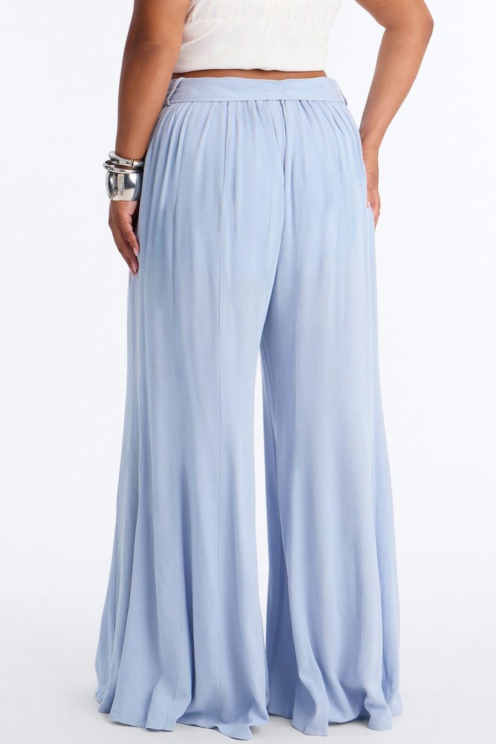 Kelsey Mid Rise Tie Waist Flowy Wide Leg Pant 34″ - Light Blue