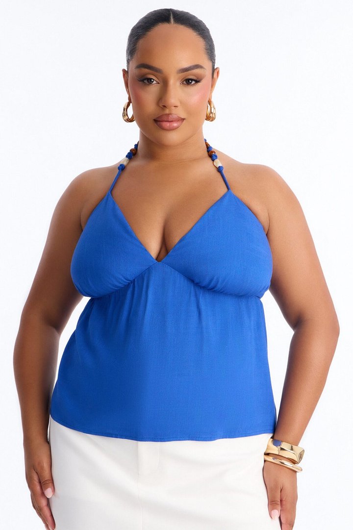 Janice Beaded Linen Halter Top - CobaltBlue