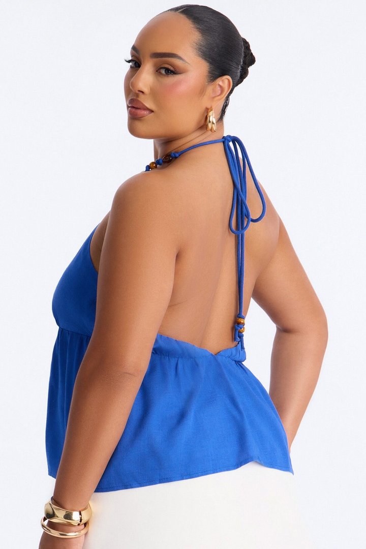 Janice Beaded Linen Halter Top - CobaltBlue