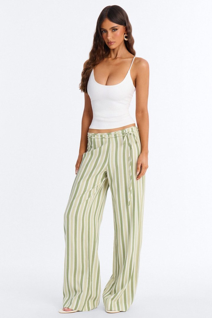 Lurice Low Rise Striped Linen Wide Leg Pant - Sage/combo