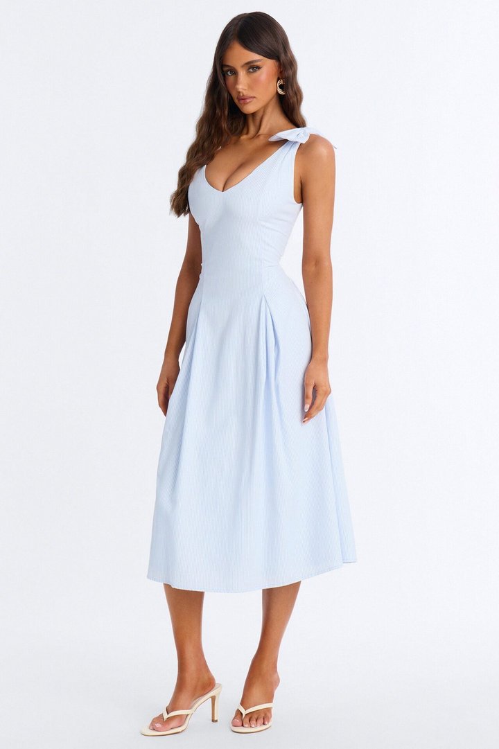 Adele Bow Pinstripe Midi Dress - Blue/combo