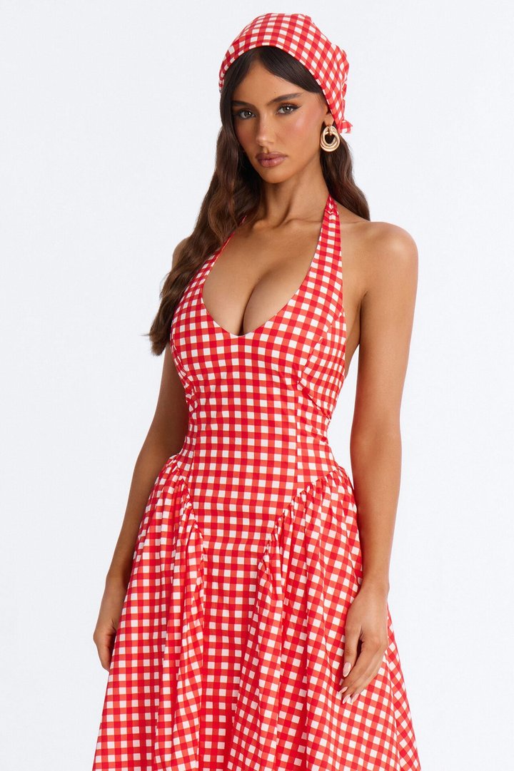 Mara Corset Gingham Midi Dress - Red/combo