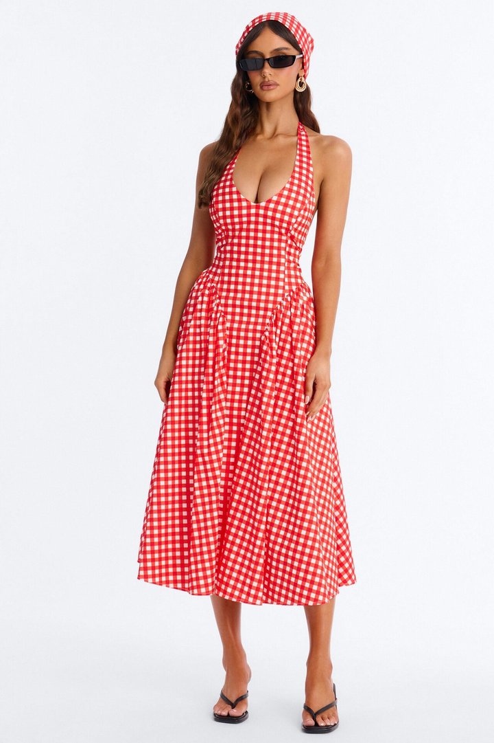 Mara Corset Gingham Midi Dress - Red/combo