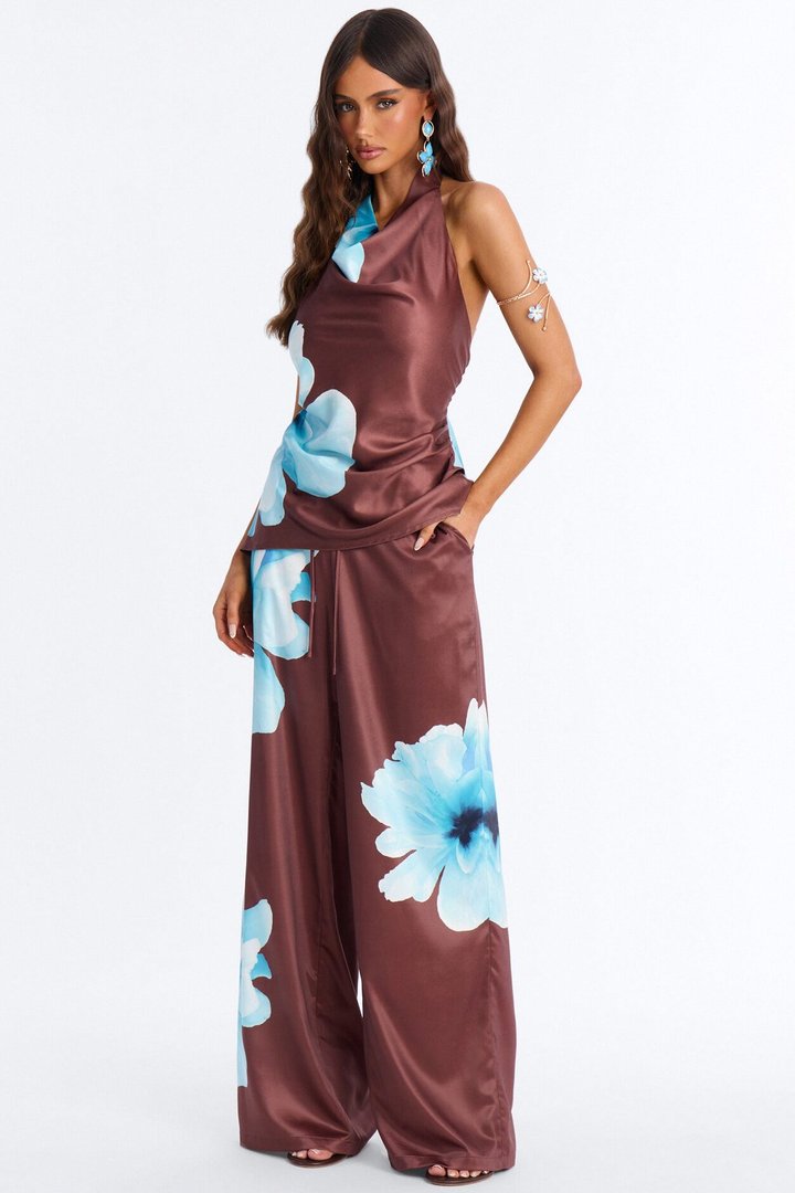 Leora Satin Halter Cowl Neck Top - Brown Combo