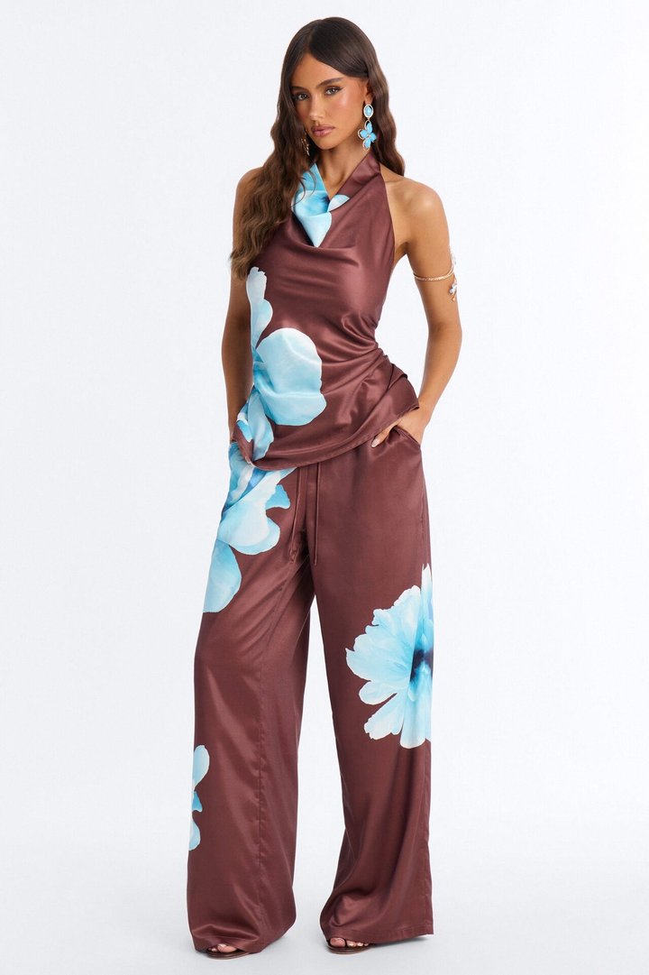 Leora Satin Drawstring Pant - Brown Combo