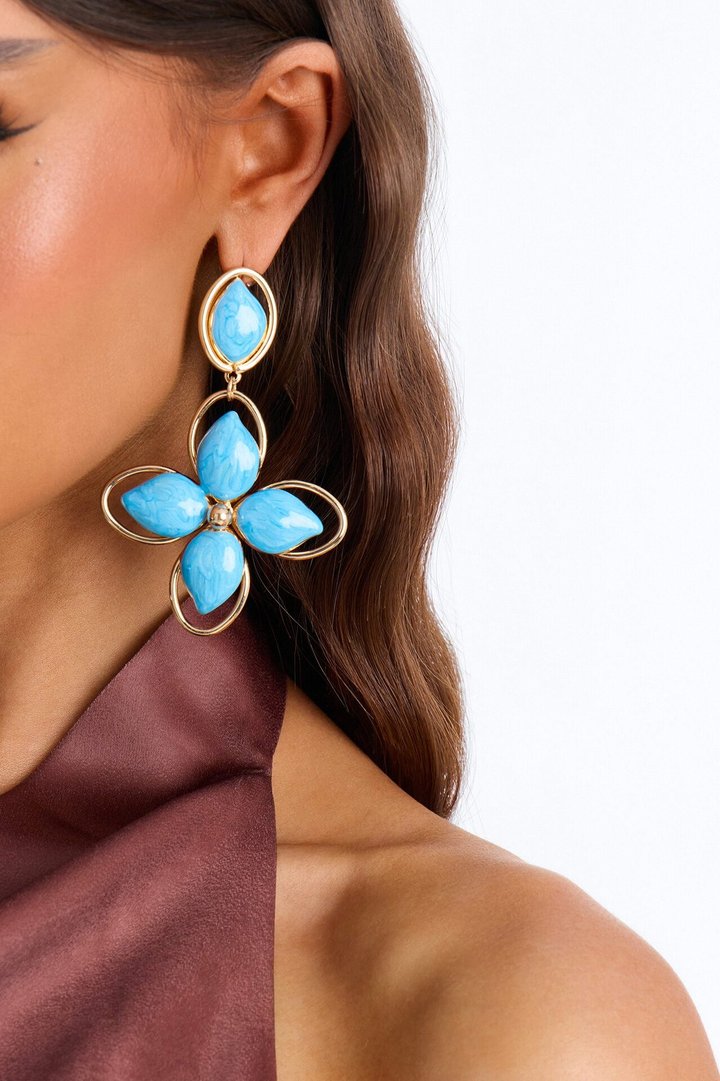 Lotus Bloom Drop Earrings - Gold/Blue