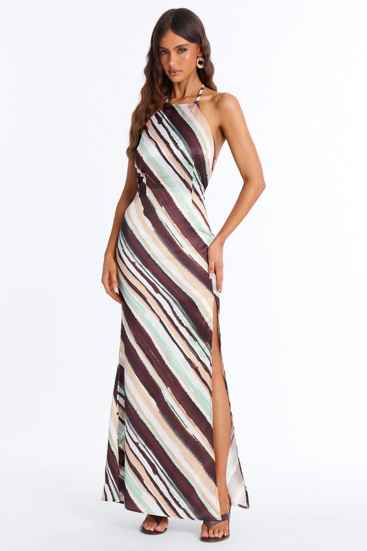 Amanza Backless Satin Maxi Dress - Brown/combo