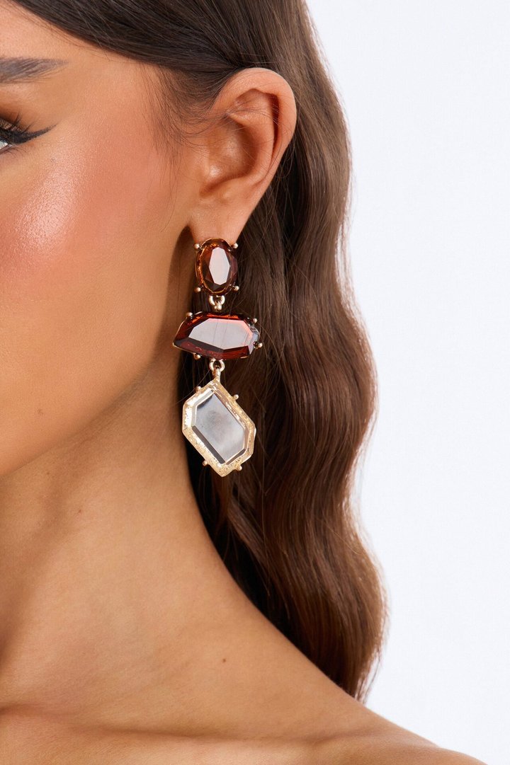 Earthy Smoky Jeweled Drop Earrings - Gold/Brown