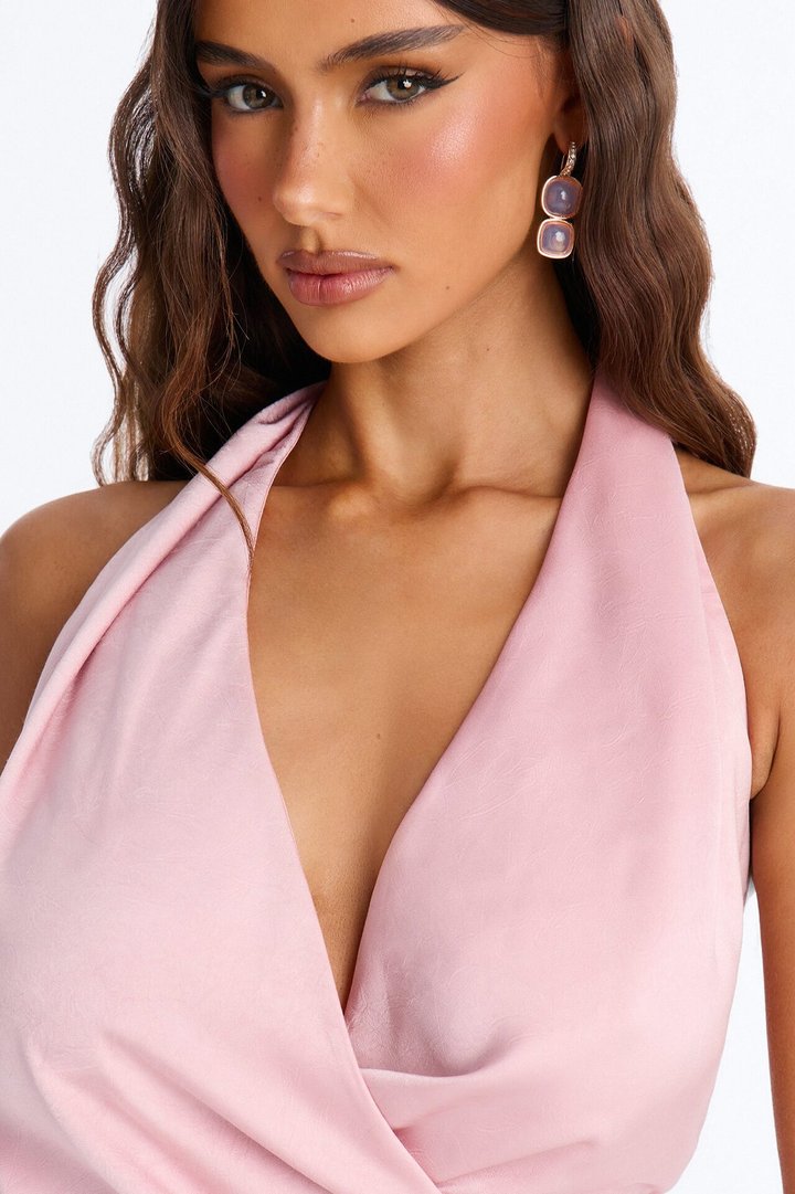 Slightly Chaotic Surplice Neck Satin Halter Top - Pink