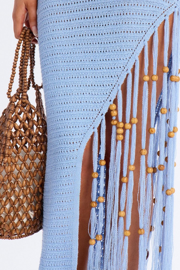 Vacation Vixen Fringe Crochet Maxi Dress - Light Blue
