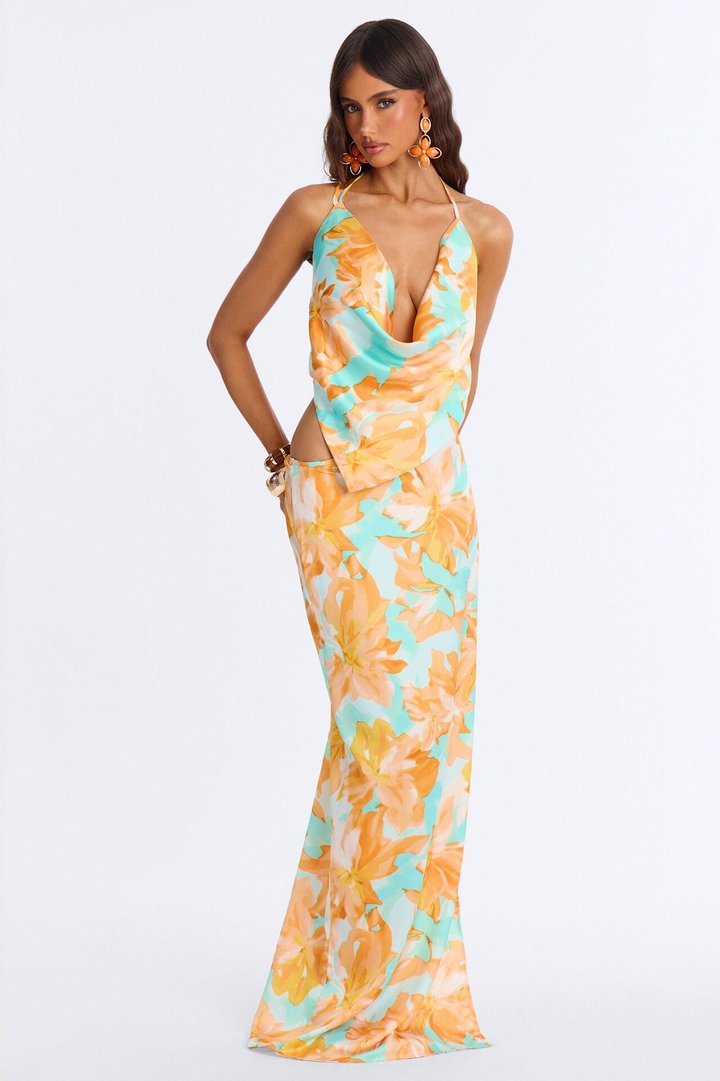 Feel The Moment Backless Satin Maxi Dress - Turquoise/combo