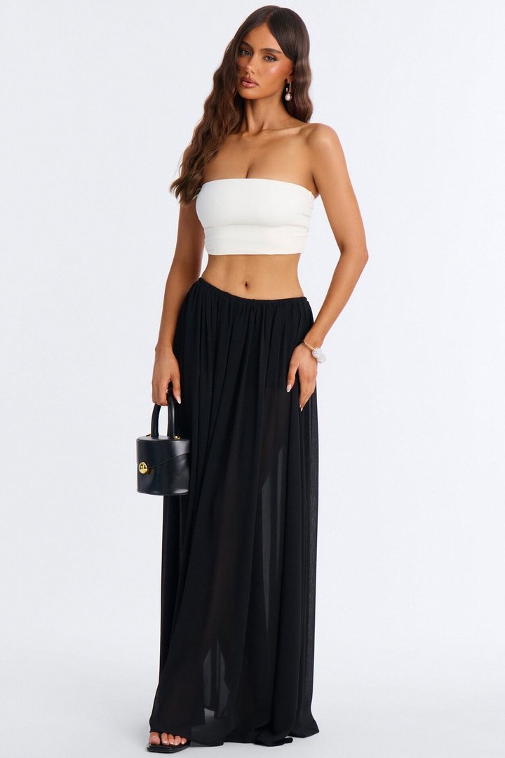 Moonlight Romantic Low Rise Chiffon Maxi Skirt - Black