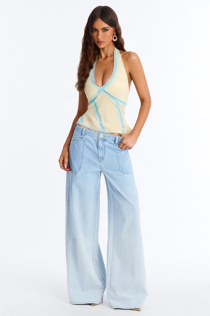 Glossy Things Lace Trim Satin Halter Top - Butter Yellow