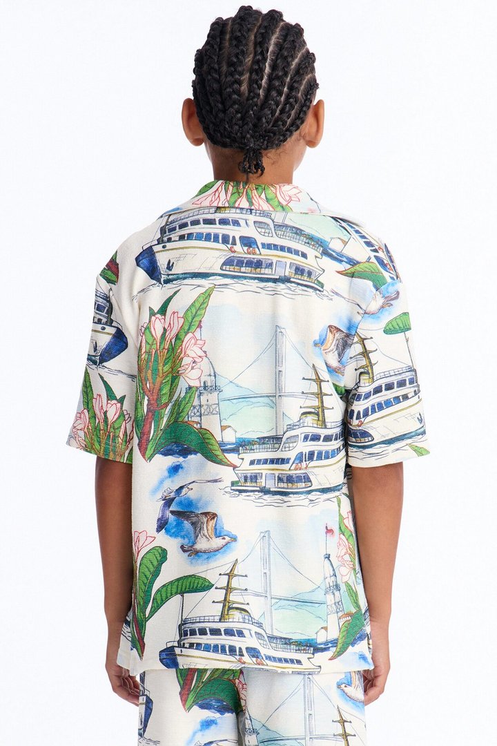 Mini Relaxed Portofino Vista Cuban Collar Button Up Shirt - Multi Color