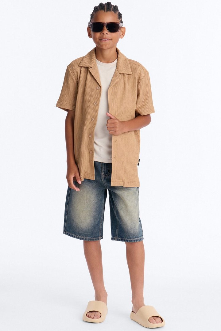 Mini Had To Notice Textured Button Down Shirt - Khaki