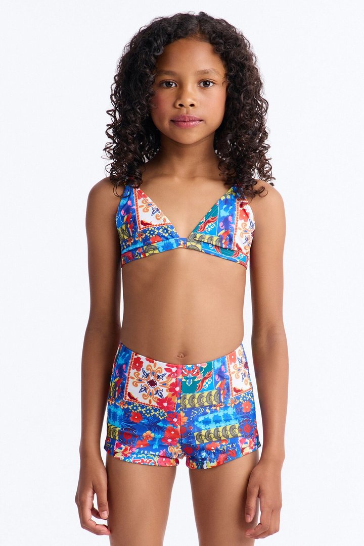 Mini Abigail Floral Patchwork 2 Piece Boyshort Bikini - Blue/combo
