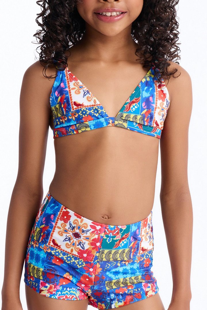 Mini Abigail Floral Patchwork 2 Piece Boyshort Bikini - Blue/combo