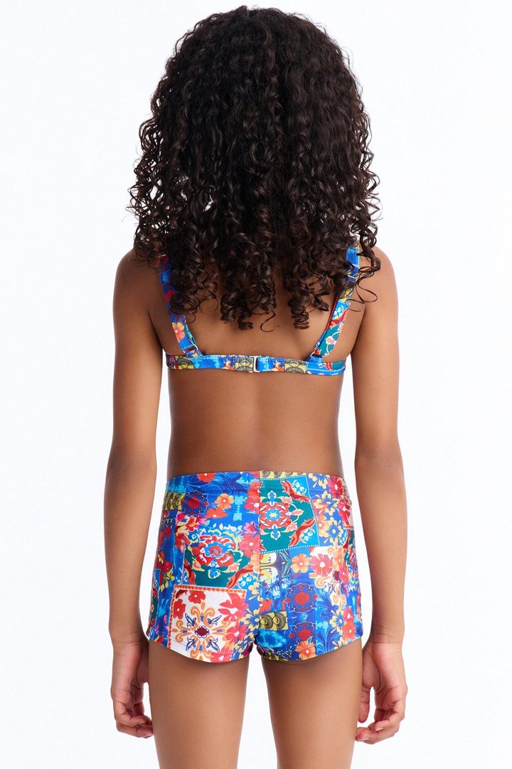 Mini Abigail Floral Patchwork 2 Piece Boyshort Bikini - Blue/combo
