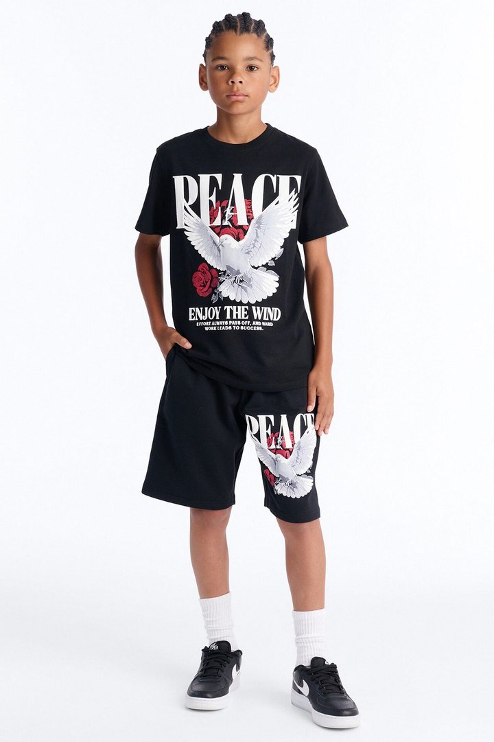 Mini Peace Over Everything Fleece Short Set - Black