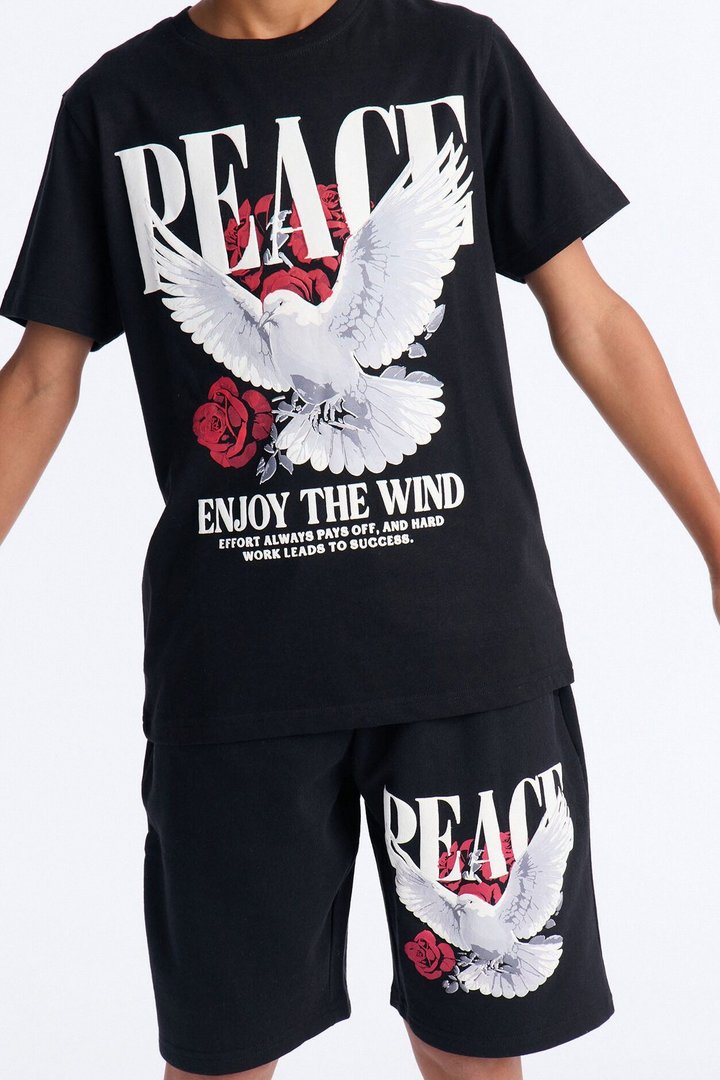 Mini Peace Over Everything Fleece Short Set - Black