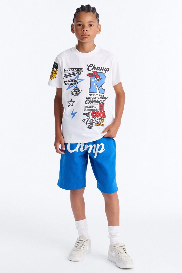 Mini I'm The Champ Fleece Short Set - White/Blue