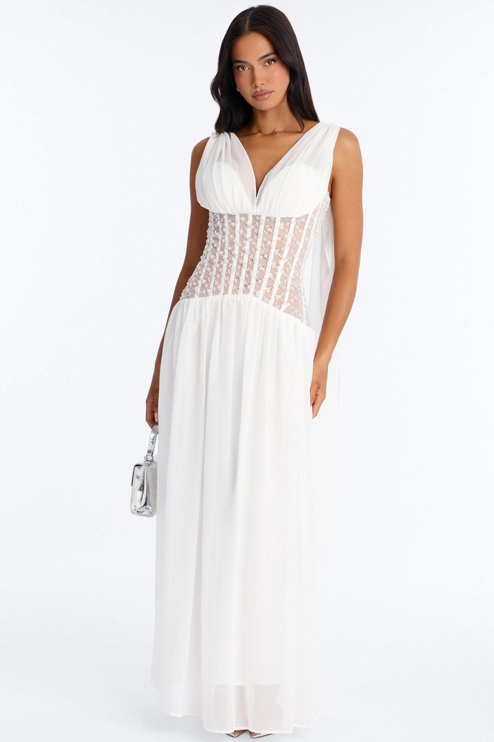 Radiant Aura Embellished Corset Maxi Dress - White