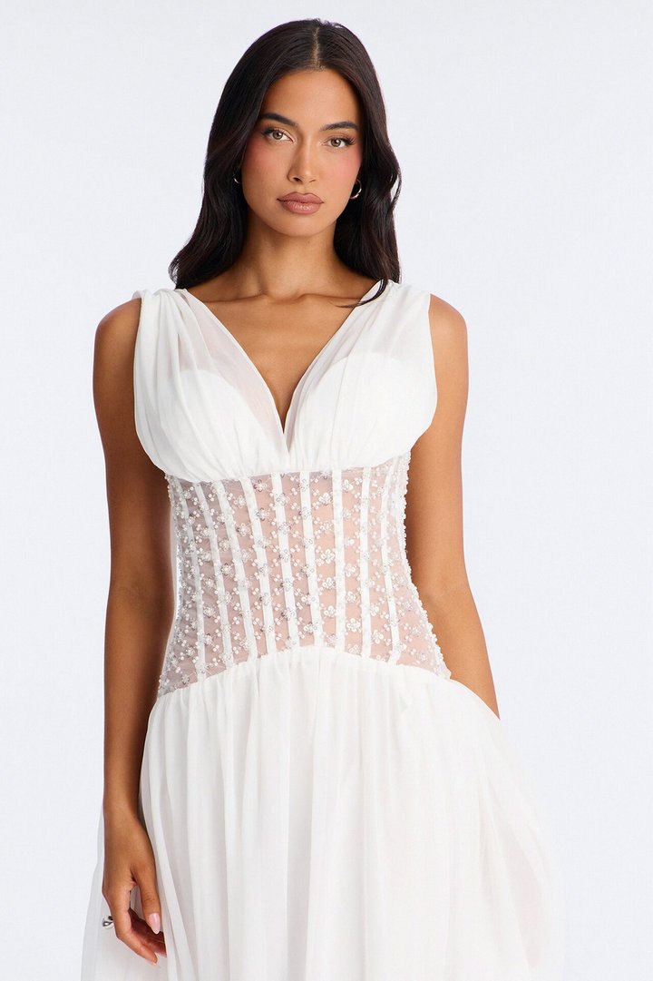 Radiant Aura Embellished Corset Maxi Dress - White