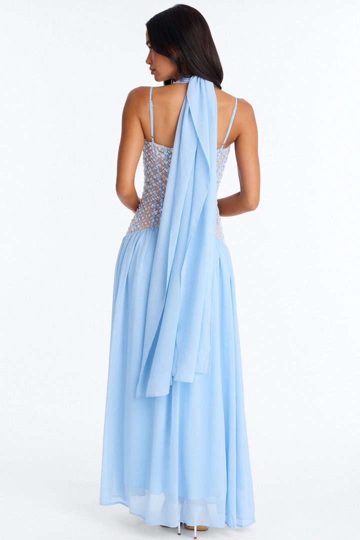 Radiant Aura Embellished Corset Maxi Dress - Light Blue