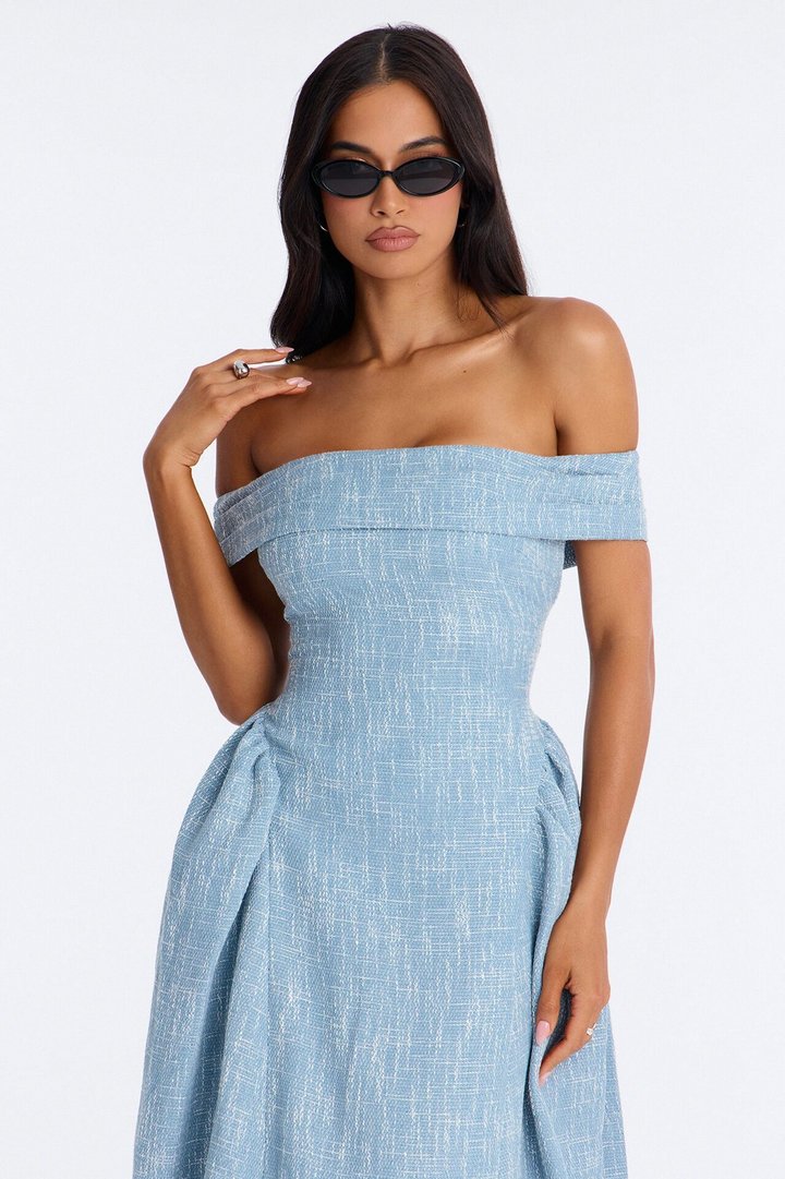 Paisley Off Shoulder Tweed Midi Dress - Denim