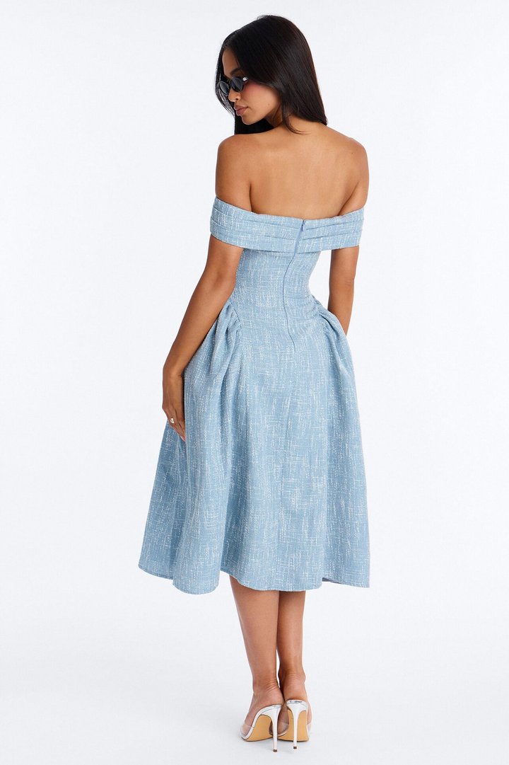 Paisley Off Shoulder Tweed Midi Dress - Denim