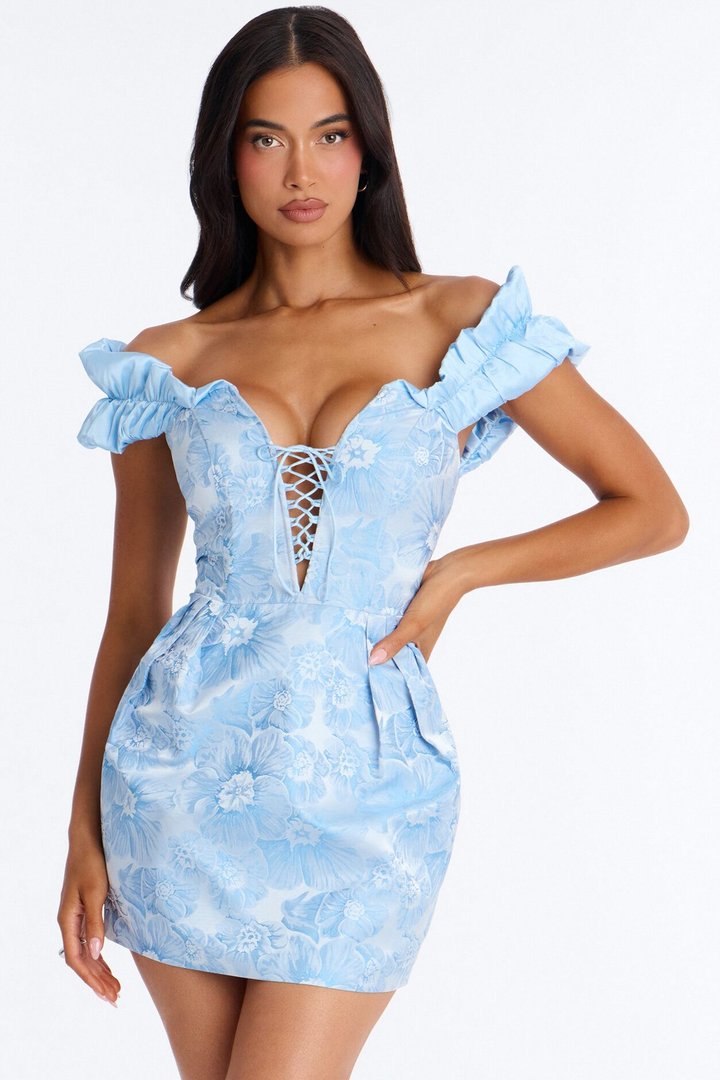 Fiona Floral Jacquard Off Shoulder Mini Dress - Blue