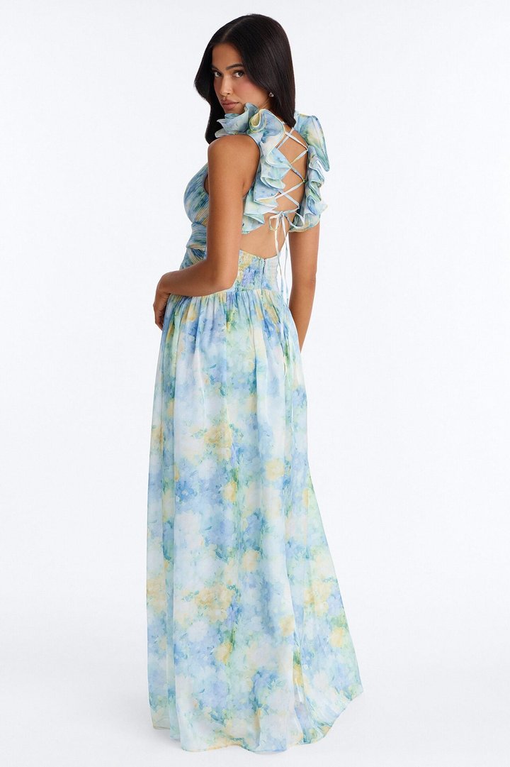 Garden Hour Ruffle Pleated Gown - Blue/combo