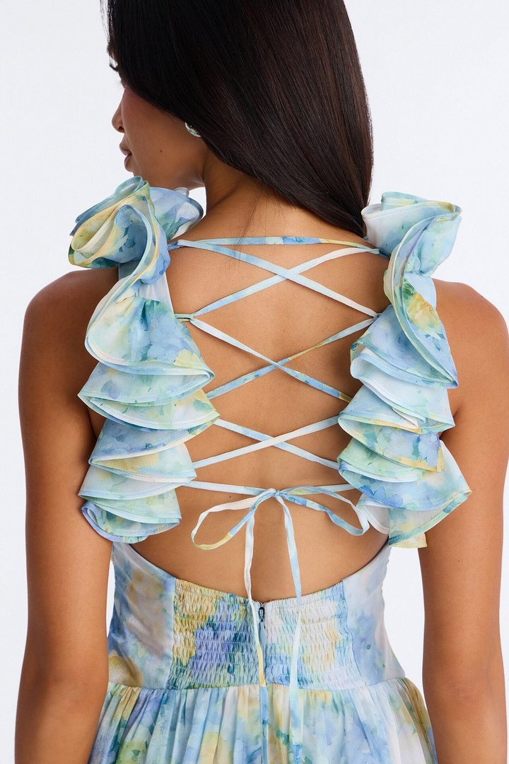 Garden Hour Ruffle Pleated Gown - Blue/combo