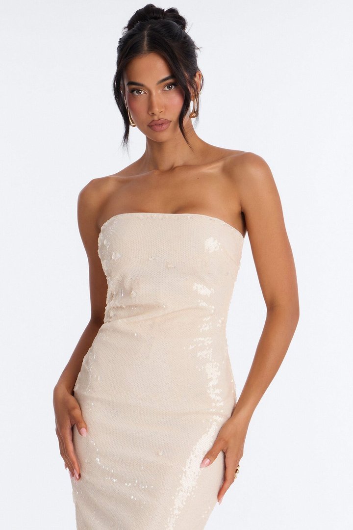 Isla Paillette Sequin Midi Dress - Cream