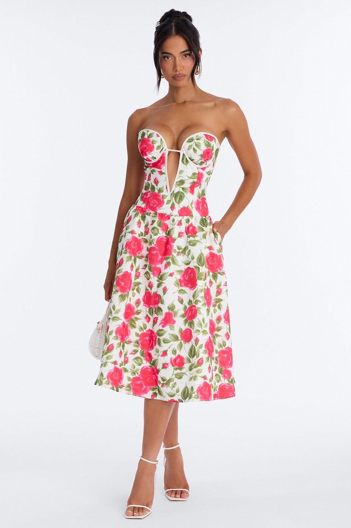 Sweetheart Bloom Satin Floral Midi Dress - Pink/combo