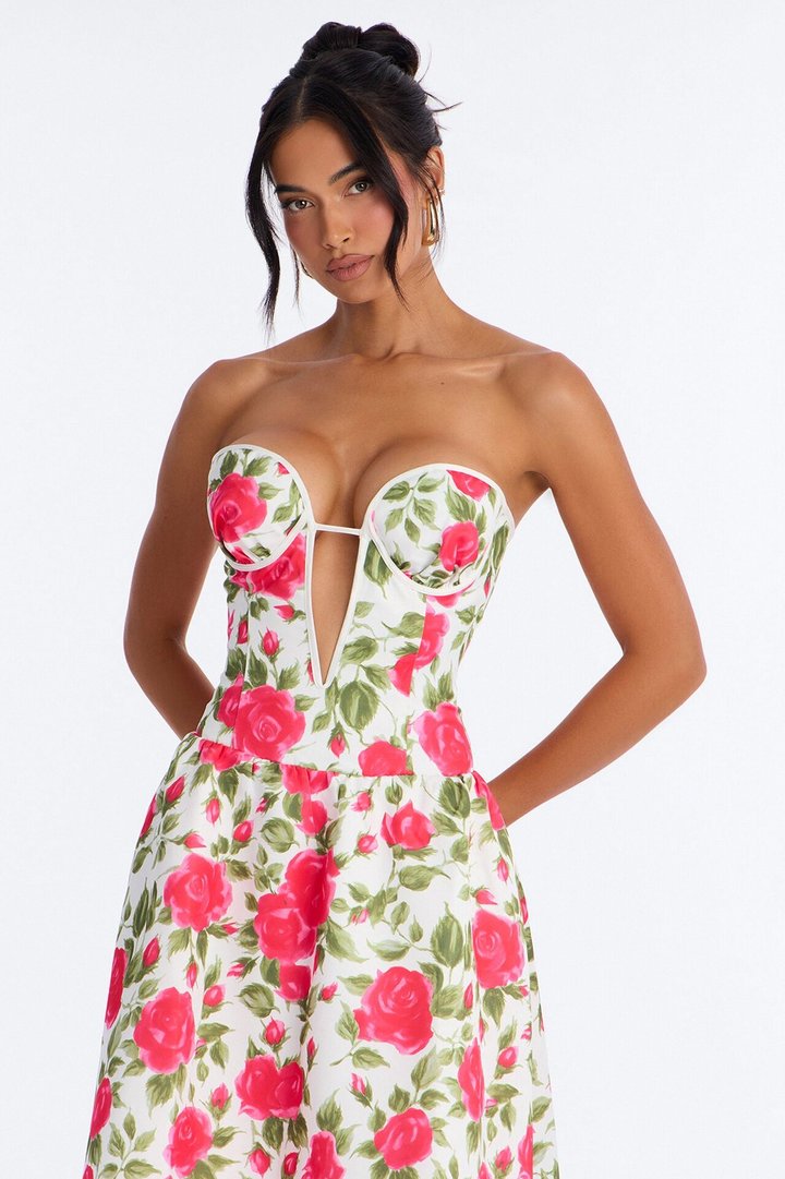 Sweetheart Bloom Satin Floral Midi Dress - Pink/combo