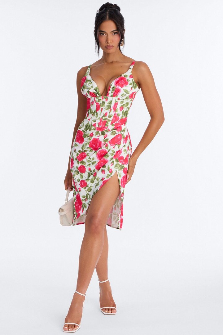 Sweetheart Floral Satin Corset Midi Dress - Pink/combo