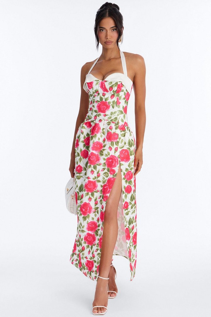 Sweetheart Floral Satin High Slit Maxi Dress - Pink/combo
