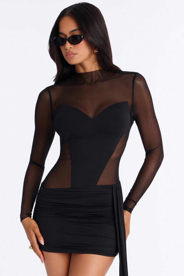 True Fairytale Draped Mesh Contrast Mini Dress - Black