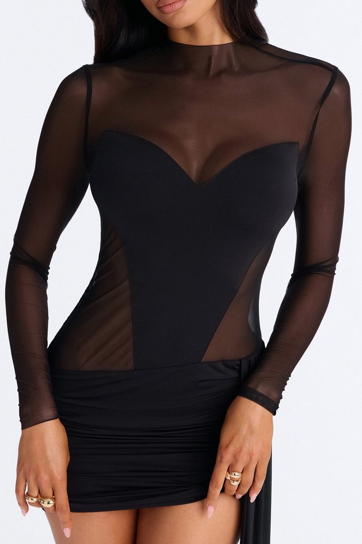 True Fairytale Draped Mesh Contrast Mini Dress - Black
