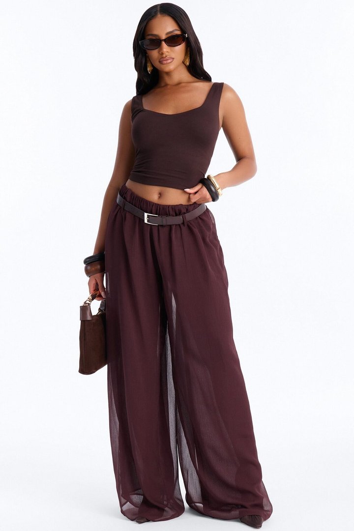 Chloe Wide Leg Chiffon Belted Pant - Chocolate