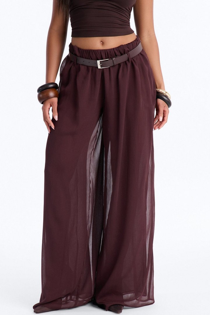 Chloe Wide Leg Chiffon Belted Pant - Chocolate