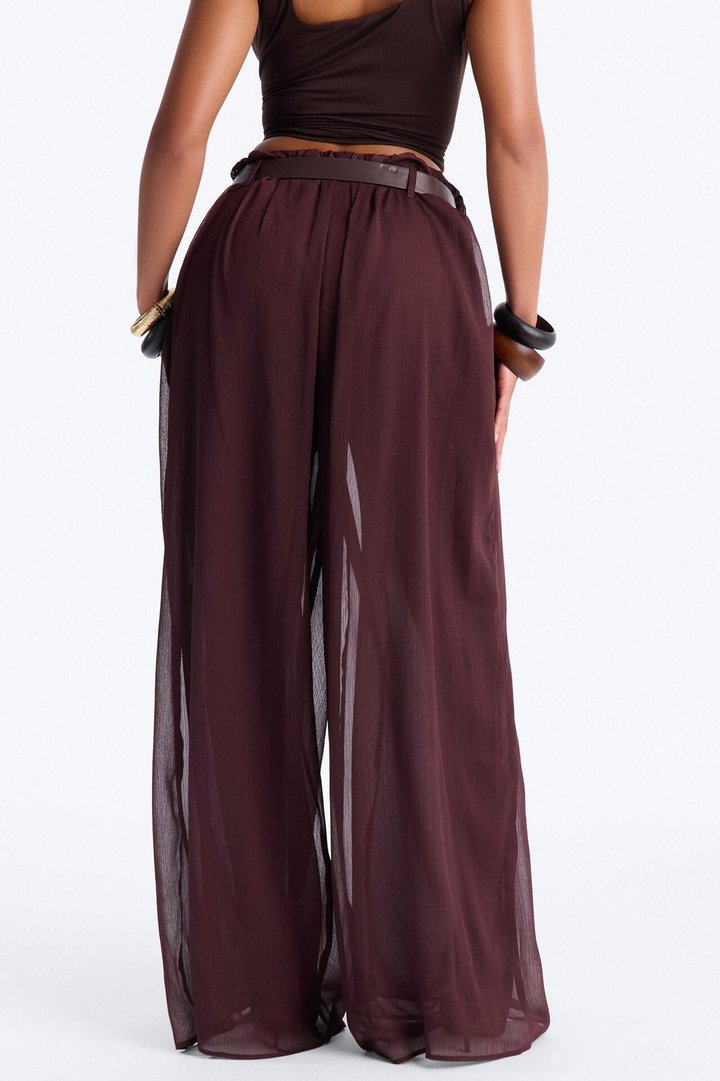 Chloe Wide Leg Chiffon Belted Pant - Chocolate