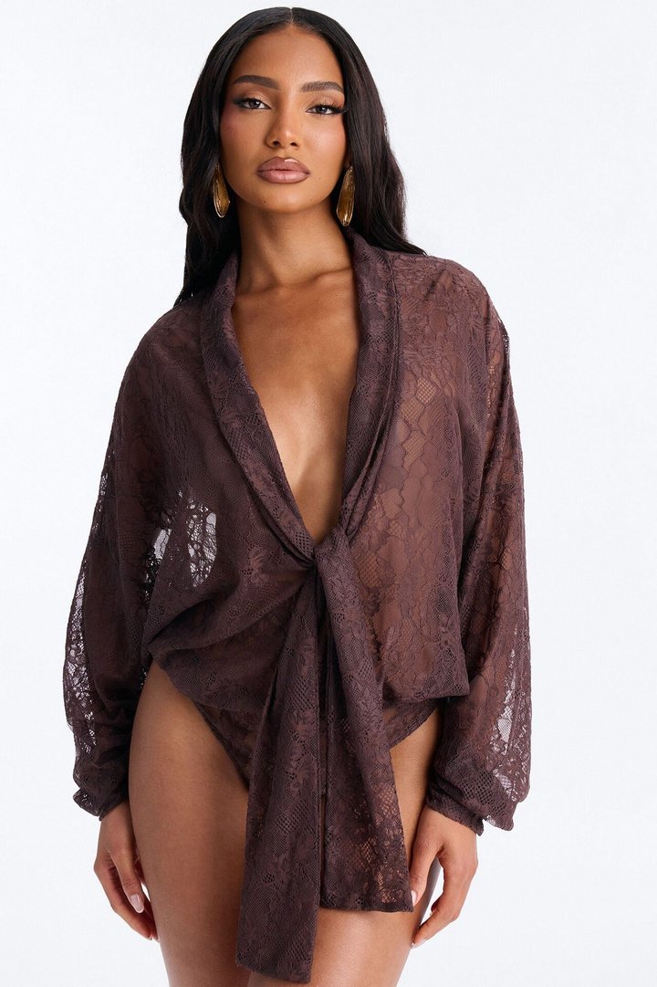 Chic And Out Long Sleeve Lace Bodysuit - Chocolate