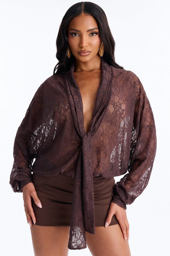 Chic And Out Long Sleeve Lace Bodysuit - Chocolate
