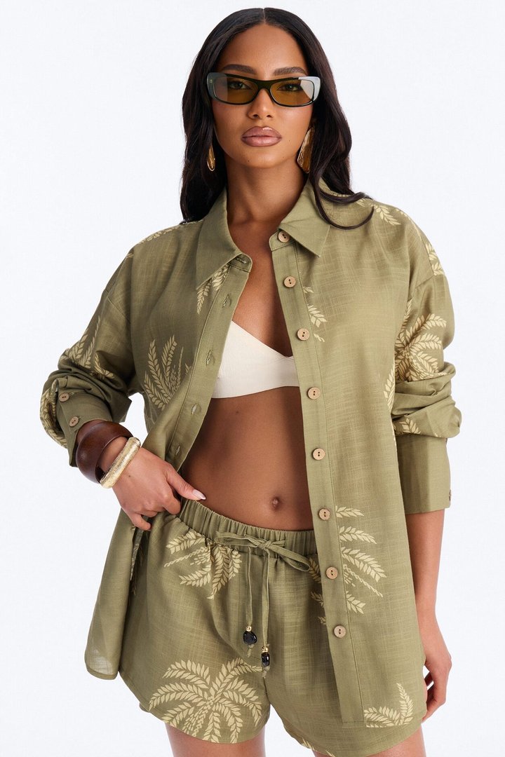 Palm Paradise Linen Short Set - Olive