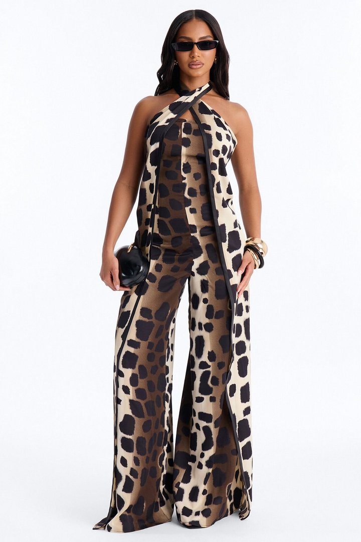 Anaya Animal Halter Wide Leg Jumpsuit - Black