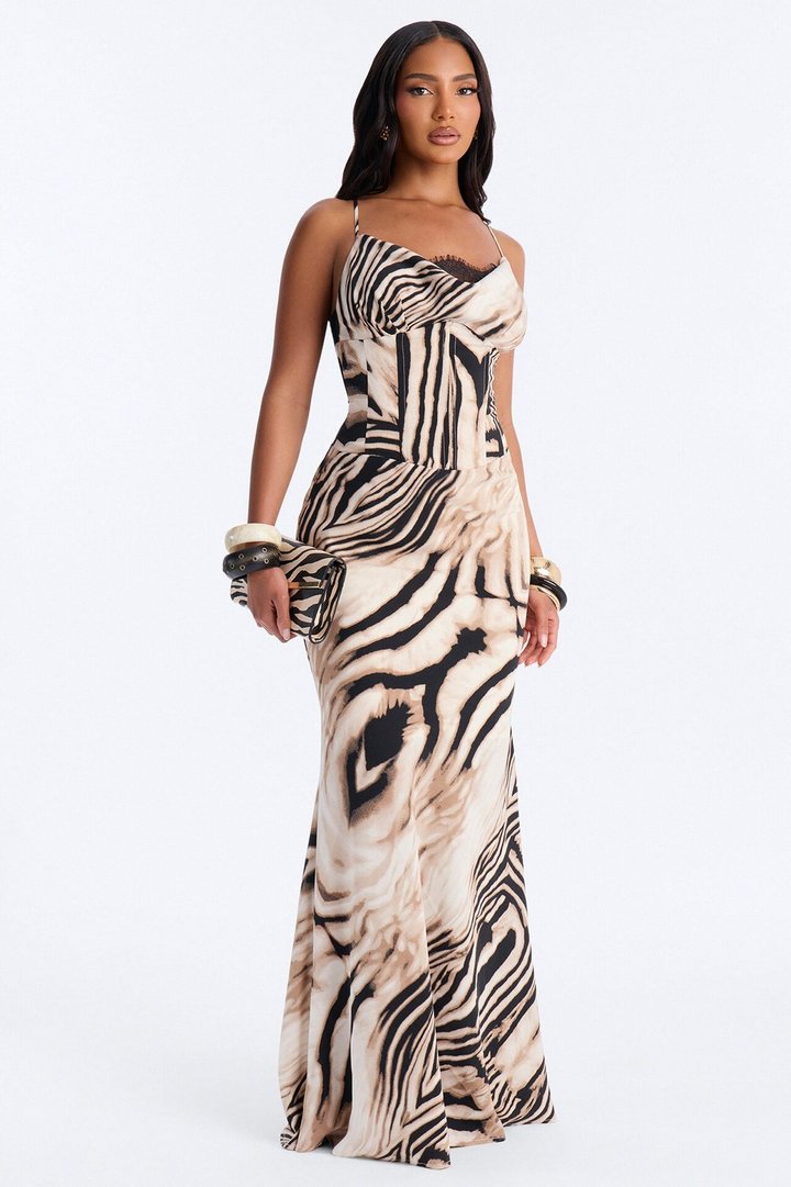 On The Scene Corset Waist Gown - Taupe/combo