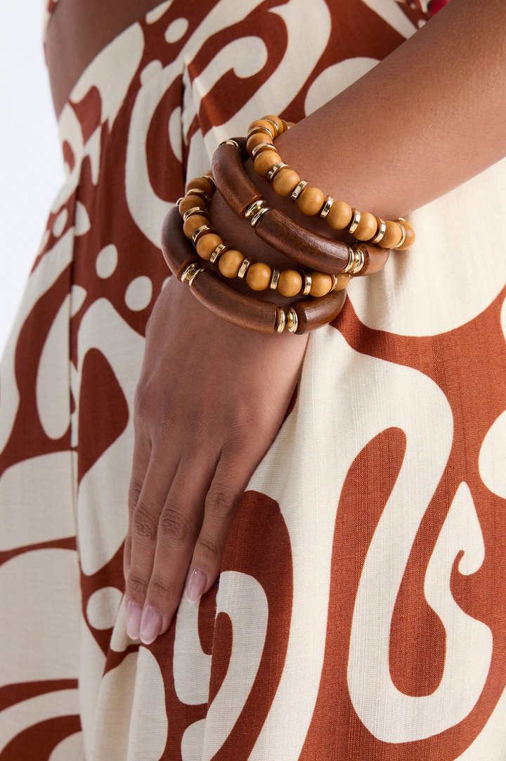 Penelope Wood Stretch 4 Piece Bracelet Set - Brown/combo