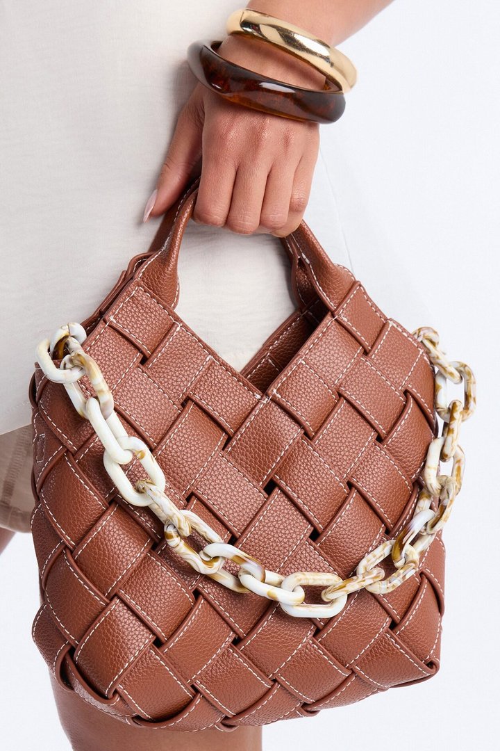 Martini On Hand Woven Faux Leather Satchel Handbag - Cognac